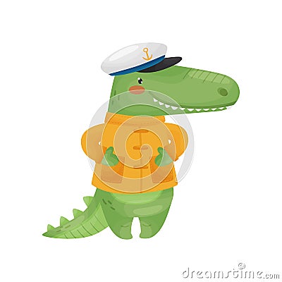 Crocodile sailor character in a cartoon style, in a yellow jacket with pockets and a cap. Vector Illustration