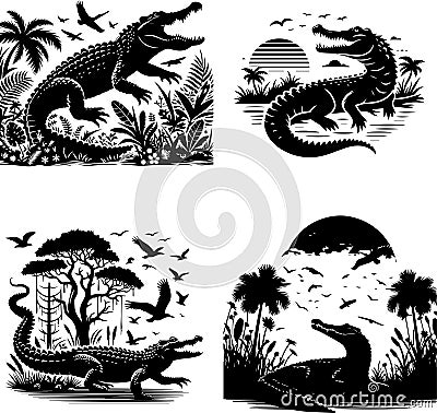 Crocodile Silhouette Four Alligators In Different Poses On A White