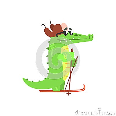 Crocodile Skiing In Cap With Ear Flaps, Humanized Green Reptile Animal Character Every Day Activity Vector Illustration