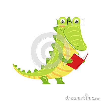 Crocodile Smiling Bookworm Zoo Character Wearing Glasses And Reading A Book Cartoon Illustration Part Of Animals In Vector Illustration