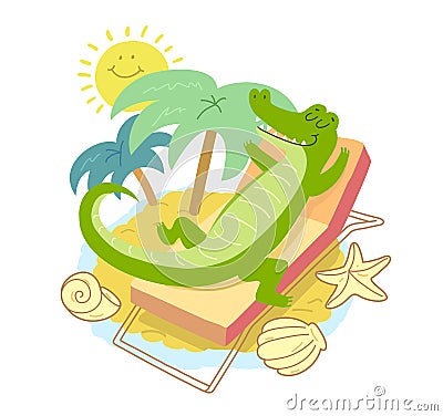 Crocodile sunbathing. Smiling crocodile on summer vacation at sea Vector Illustration