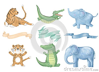 Crocodile tiger elephant digital clip art cat with ribbons cute animal and flowers for card, posters, on white Stock Photo