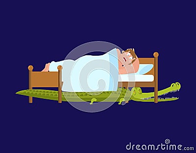 Crocodile under bed. frightened Man sleeps on bed. Vector illustration. Vector Illustration