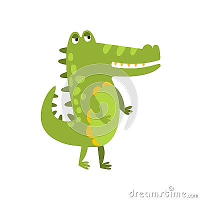 Crocodile Walking On Two Legs Flat Cartoon Green Friendly Reptile Animal Character Drawing Vector Illustration