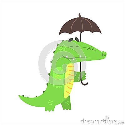 Crocodile Walking Under Rain With Umbrella, Humanized Green Reptile Animal Character Every Day Activity Vector Illustration