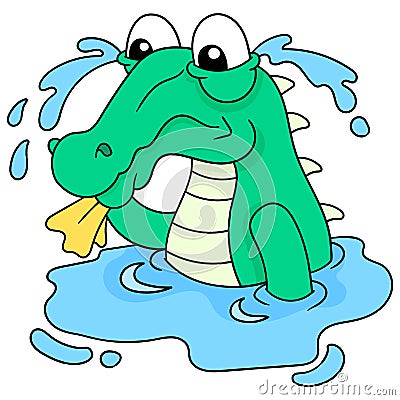 The crocodile was sad crying a lot of stagnant pool water. doodle icon image kawaii Vector Illustration