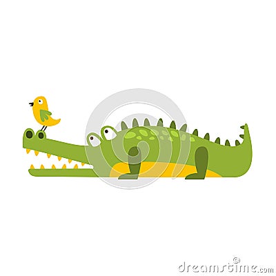 Crocodile Watching Bird On His Nose Flat Cartoon Green Friendly Reptile Animal Character Drawing Vector Illustration