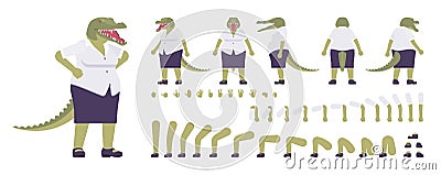 Crocodile woman, green reptile lady, animal head, tail construction set Vector Illustration