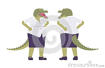 Crocodile woman, green reptile lady, animal head, tail human standing Vector Illustration