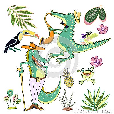 Crocodiles -jazz musicians, frog, tropical plants. Cute vector nursery set of tropical animals Vector Illustration