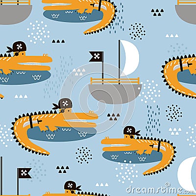 Crocodiles - pirates, boats, colorful cute seamless pattern Vector Illustration