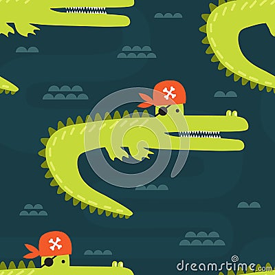 Crocodiles - pirates in water, seamless pattern Vector Illustration