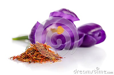 Crocus flower with heap of saffron Stock Photo