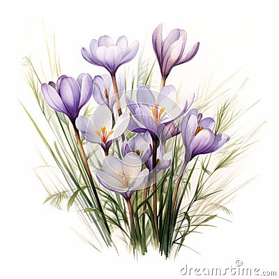 Detailed Crocus Bouquet In Watercolor On White Background Cartoon Illustration