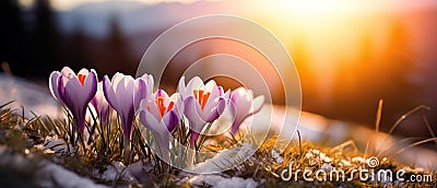 Crocus Flowers Glowing at Sunset in a Snowy Mountain Landscape Stock Photo