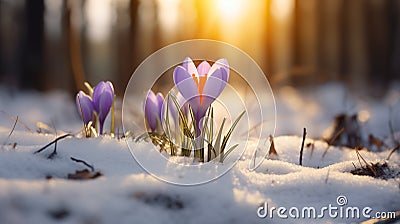 Crocus Flowers in Snow at Forest Edge with Warm Sunset Light Stock Photo