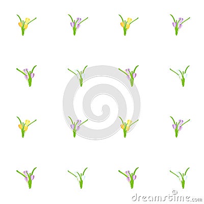 Crocus seamless background. Yellow. blue, violet spring flowers, green leaves on white background Vector Illustration