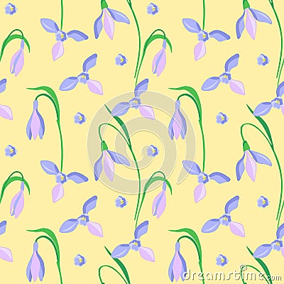 Crocus Seamless pattern, yellow background. Cute Isolated Spring flowers on background for your design. Floral nature. Perfect for Vector Illustration