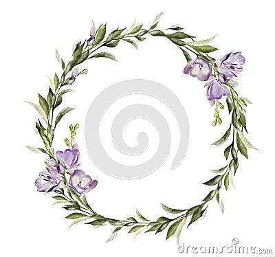 Crocus wreath, green leaves. Floral wedding card. watercolor Cartoon Illustration