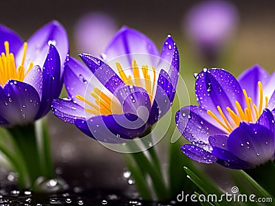 Crocuses in drops of water on the background of tracks of rain drops Stock Photo