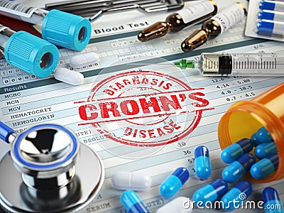 Crohns disease diagnosis. Stamp, stethoscope, syringe Cartoon Illustration