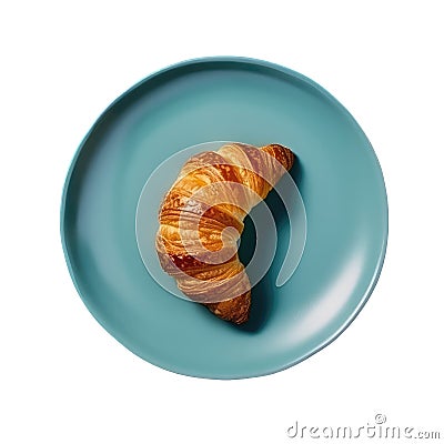 Croissant On A Blue Round Smooth Plate, French Dinners. Generative AI Stock Photo