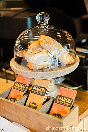 Croissant and Brrowine in glass show at coffee shop Editorial Stock Photo