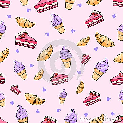 Croissant cake icecream seamless pattern vector Vector Illustration