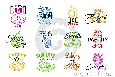 Croissant and cake, pastry, bakery sketch for shop Vector Illustration