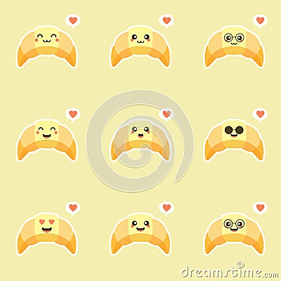 Croissant cartoon character doodle showing some love with flying hearts. Perfect croissant love mascot for your bakery. Funny and Vector Illustration