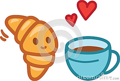 Croissant cartoon character in love with hot coffee at the morning. Funny and cute doodle with hearts. Croisant mascot Vector Illustration