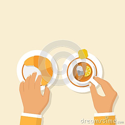 Croissant and cup of hot tea with lemon Vector Illustration