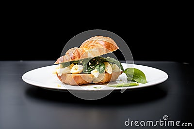 croissant filled with egg, spinach, and feta cheese on white background Stock Photo