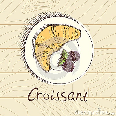 Croissant with fresh berries, breakfast, sketch style Vector Illustration