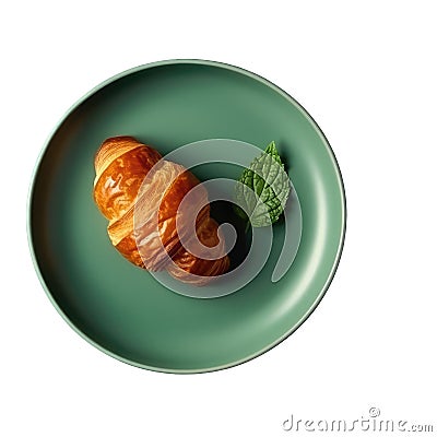 Croissant On A Green Round Smooth Plate, French Dinners. Generative AI Stock Photo