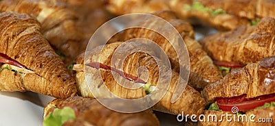 Croissant sandwiches on a plate. Appetizing starters. Close-up. Panorama format Stock Photo