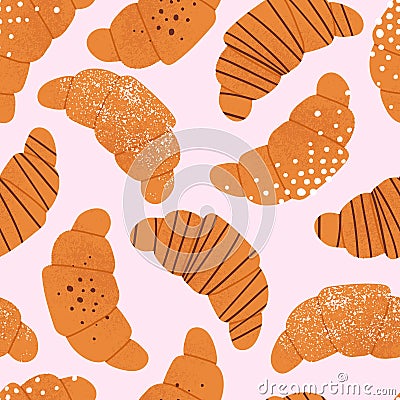 Croissant seamless pattern. French bakery morning background with cute flat hand drawn buns. Vector Illustration