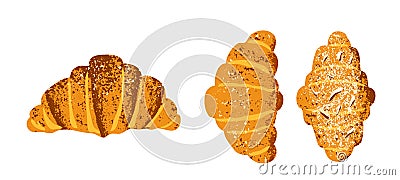 Croissant vector illustration set. Bakery pastry different types with almond, chocolate. French crescent in textured Vector Illustration