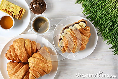 Croissants with chocolate butter and banana Stock Photo