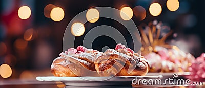 Croissants with raspberries on a white plate on a dark horizontal blurred background with bokeh effect, close-up Stock Photo