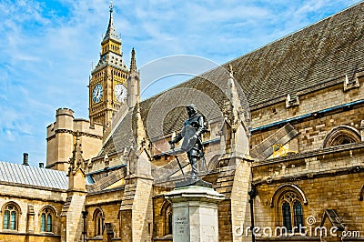Cromwell monument and Big Ben in London Stock Photo