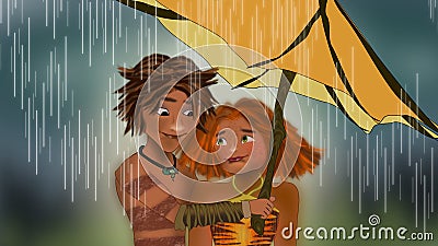 The croods under the rain scene Cartoon Illustration