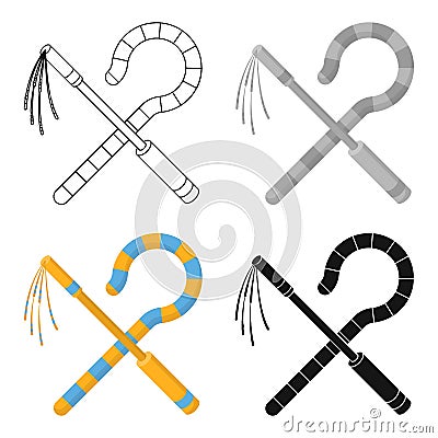 Crook and flail icon in cartoon style isolated on white background. Ancient Egypt symbol stock vector illustration. Vector Illustration