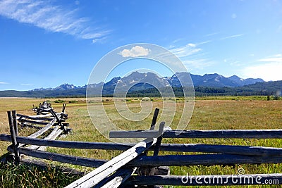 Crooked Rail Fence & Sawtooth Mountains Stock Photo