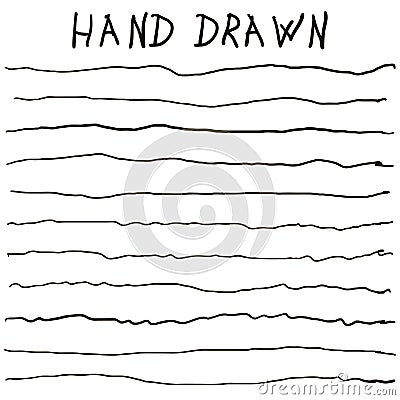 Crooked uneven hand drawn lines vector horizontal curves lines strip hand drawn set Vector Illustration