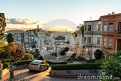 The crookedest street in the world Lombard street. San Francisco is lightened by morning sun Editorial Stock Photo