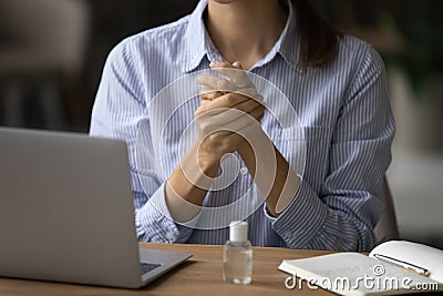 Close up of woman disinfect hands with sanitizer Stock Photo