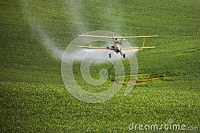 Crop Duster spraying a farm field. Stock Photo