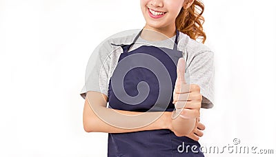 Crop Image Of Asian Woman Wearing Apron Showing Thumbs up. Stock Photo