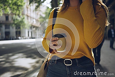 Crop photo of young casual female hipster callin Stock Photo